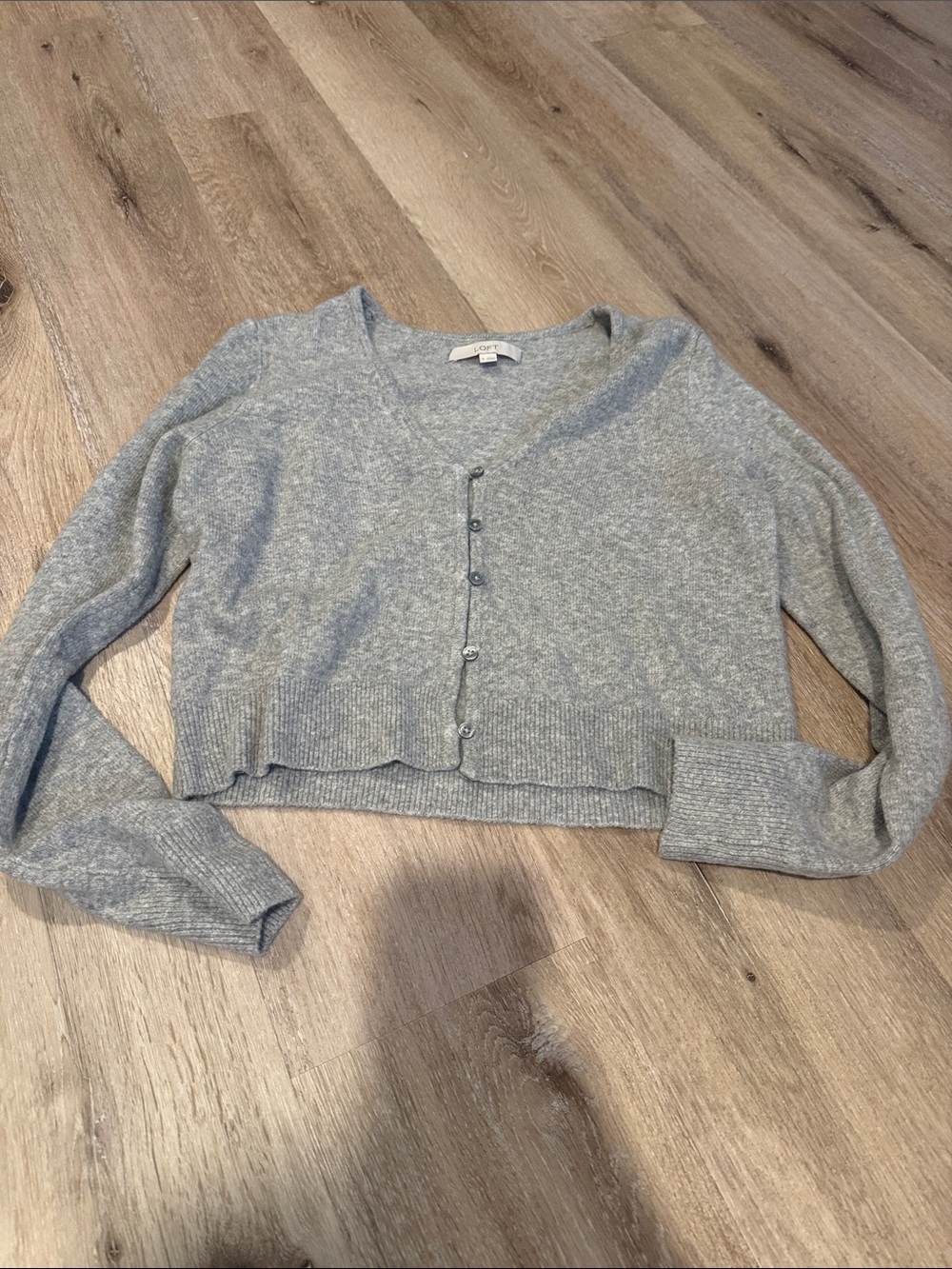 LOFT Light Gray Cropped V-Neck Button Cardigan